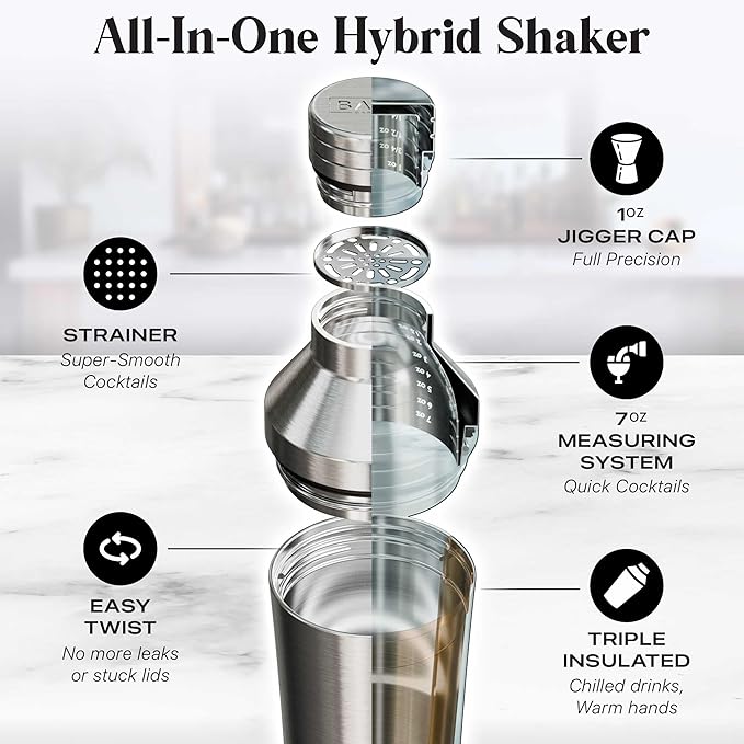 Insulated Cocktail Shaker Set | Double Wall Stainless Steel | Martini Shaker for Home Bar Bartending | Built-in Drink Measurement System & Strainer, Travel Bag, 35 Recipes | Gift Set (Silver)