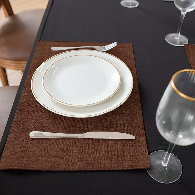 Linen Placemats Set of 8, Machine Washable, Heat Resistant, Wrinkle Free, Thick Polyester Kitchen Place Mats for Dining Table (Dark Brown)