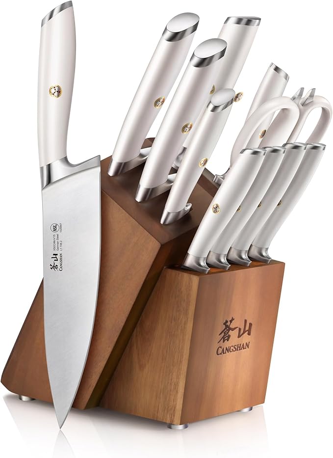 Cangshan L Series Knife Block Sets, Forged German Steel (12-Piece 4 Steak Knives, White)