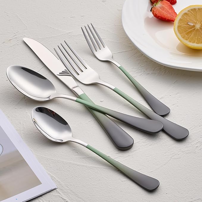 20-Pieces Color Silverware Sets for 4,Green and gray Handle Stainless Steel Cutlery Set, Include Forks Spoons and Knives Set, Dishwasher Safe Utensil Sets for Home Restaurant