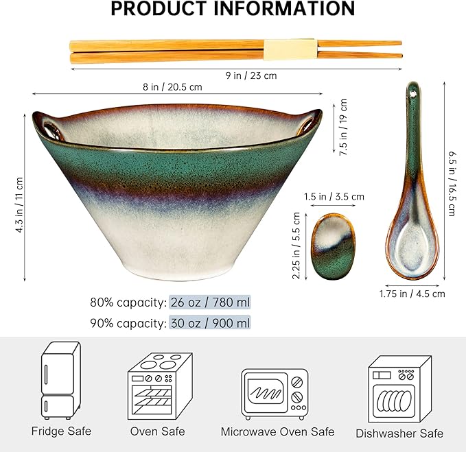 HENXFEN LEAD Japanese Ramen Noodle Bowl Set of 2-30 Oz Large Porcelain Salad Bowls with Chopsticks, Soup Spoons and Rests, Kitchen Serving Dishes for Pho, Udon - Reactive Green