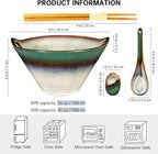 HENXFEN LEAD Japanese Ramen Noodle Bowl Set of 2-30 Oz Large Porcelain Salad Bowls with Chopsticks, Soup Spoons and Rests, Kitchen Serving Dishes for Pho, Udon - Reactive Green