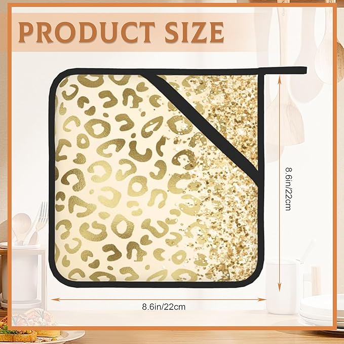 Yellow Leopard Pot Holder Set of 2,Sparkling Glitter Kitchen Heat Resistant Potholder for Women Men BBQ Cooking Baking