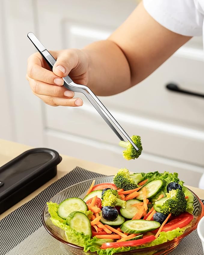 Fine Cooking Tweezers Set, Professional Stainless Steel Food Tongs, Kitchen Black Long Chef Tweezer for Cooking, Plating, Decorating and BBQ (SILVER, 10 inch)