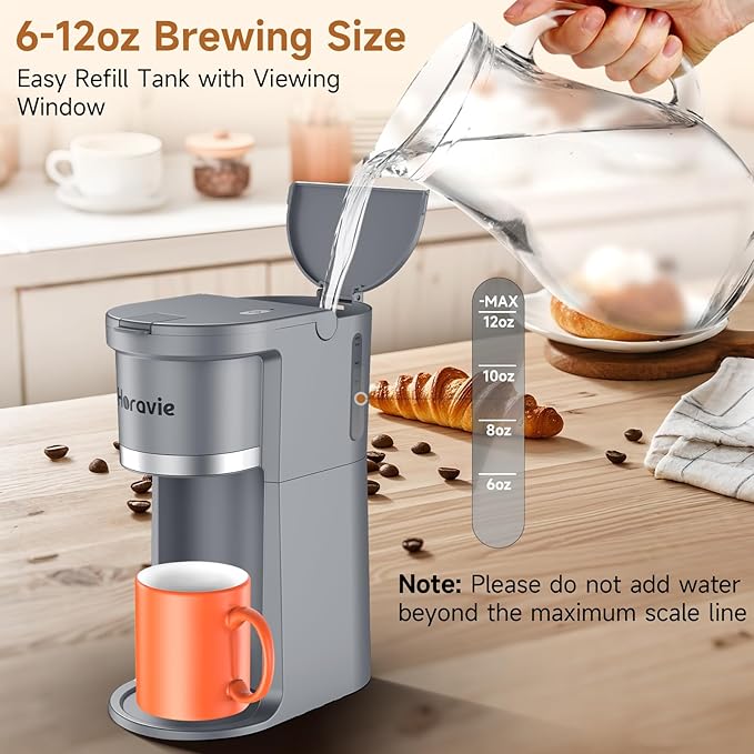 Small Single Serve Coffee Maker, 2 in 1 Fast Brew One Cup Coffee Machine, 6 to 12 oz. Brew Sizes, Capsule Coffee Machine with Descaling Reminder, Fits 5.5" Mug, Grey