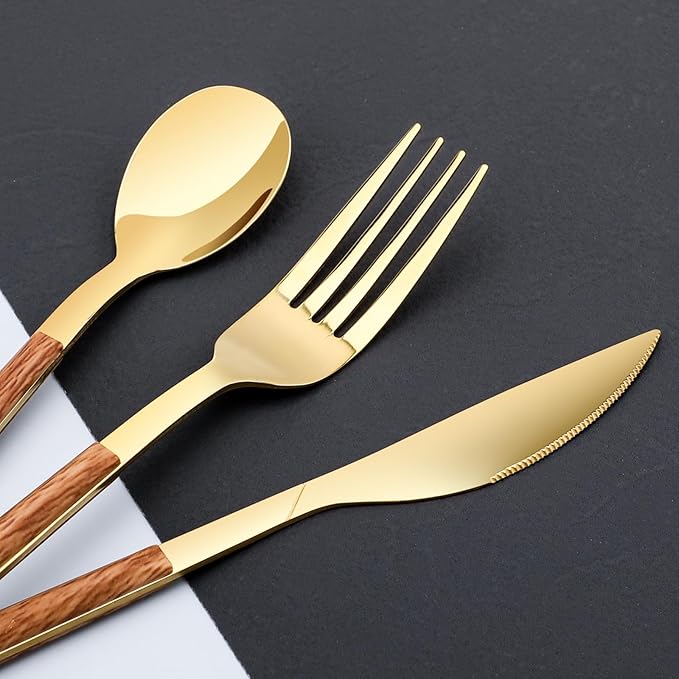 Stainless Steel Flatware Set for 4, Cutlery Utensils Set with Simulated Wooden Handle Include Knives Forks Spoons Service for 4, Mirror Polished and Dishwasher Safe (Gold)