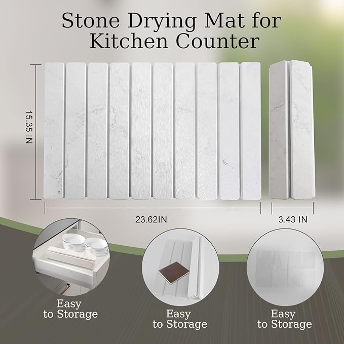 Hopegiver Stone Drying Mat for Kitchen Counter, 23.62"x15.35" Gray Marble Quick Dry Mat, Absorbent Diatomaceous Earth Dish Mat for Dishes Plants Pet Feeding, Collapsible Design Includes Sanding Sponge