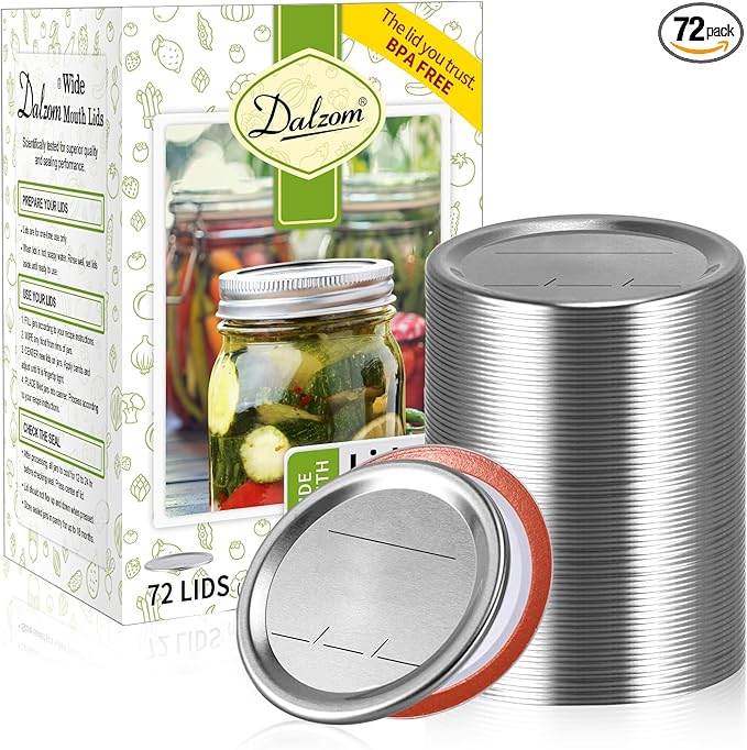 Dalzom® 72Pcs Canning Lids Wide Mouth, Premium Mason Jar Lids for Ball, Kerr Jars - Food Grade Material, 100% Fit & Airtight for Wide Mouth Mason Jars