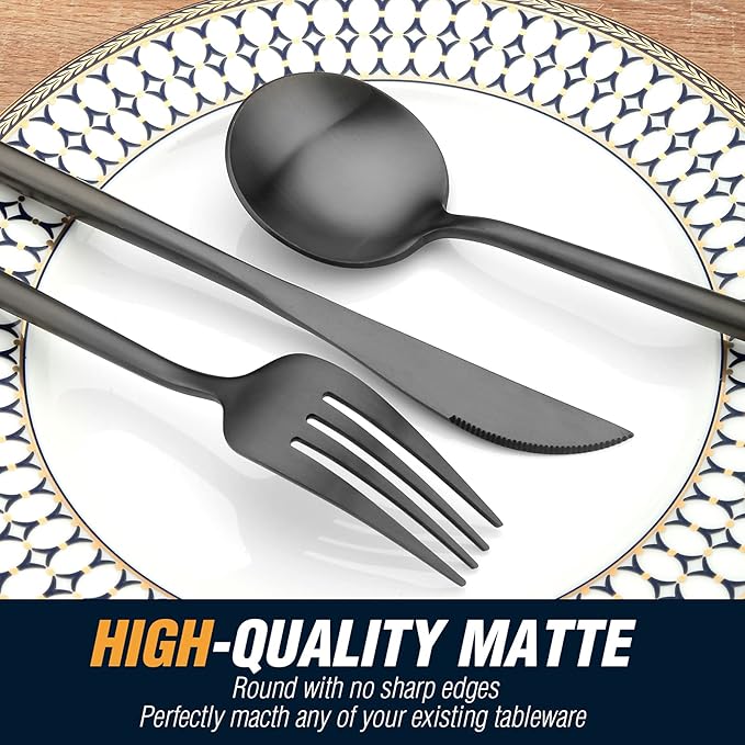 BirdyFly Black Silverware Set, 20 Piece Stainless Steel Flatware Set Service for 4, Matte Black Cutlery Set, Include Knives/Forks/Spoons, Dishwasher Safe