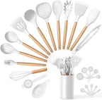 E-far White Cooking Utensils Set with Holder, 25-Piece Silicone Kitchen Utensil Set with Wooden Handle for Nonstick Cookware, 446°F Heat Resistant Kitchen Tool Spatula Tongs Whisk, Non-toxic & Healthy