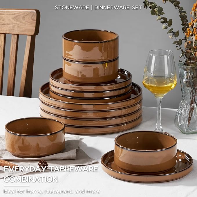 Stoneware Dinnerware Sets for 4, Onader Plates and Bowls with Unglazed Terracotta Bottom, Elegant Kitchen Ceramic Dish Dishware Set, Reactive Glaze 12 Piece - Earthy Umber