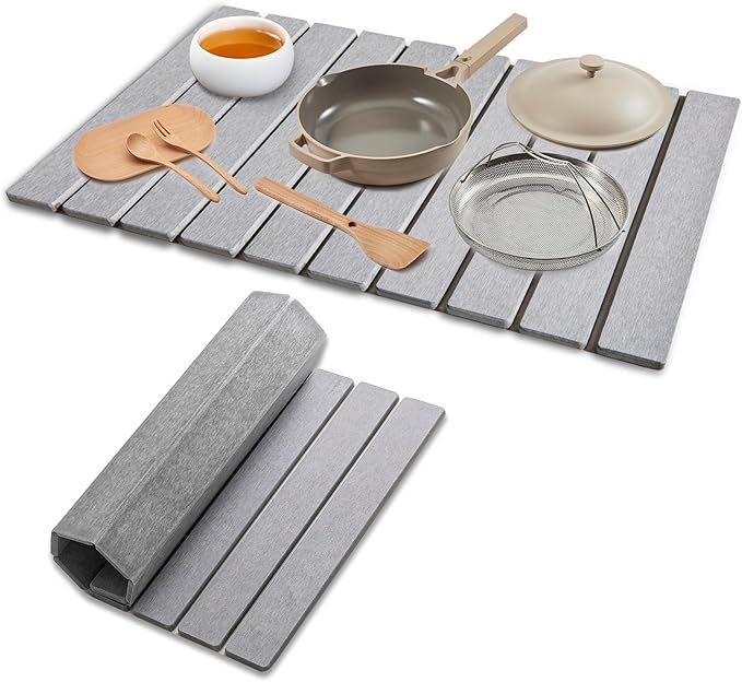 Stone Dish Drying Mats for Kitchen Counter, 24"(L)×16"(W) Collapsible Diatomaceous Earth Mats, Eco-Friendly Absorbent Dish Drying Mat for Dishes Bottles Cups, Match Any Countertop