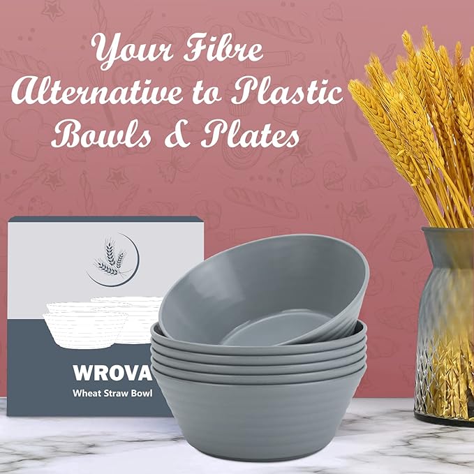 Wheat Straw Bowl Sets,6 PCS Unbreakable Cereal Bowl 36 OZ,Microwave and Dishwasher Safe Bowls,Dorm Bowl Sets BPA Free for Serving Cereal,Oatmeal and Salad (Grey)