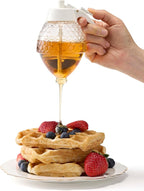 Stainless Steel Shaft, Glass Honey Dispenser, Chrome-Plated ABS Silver Lid – No Drip Glass with Stand – 8 oz Honey Jar – Honeycomb Design Container – Honey Pot for Honey, Maple Syrup (White)