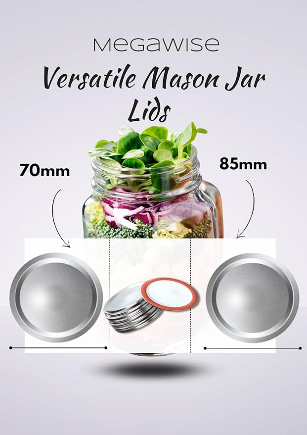 MegaWise Reusable Wide Mouth Canning Lids for Ball, Kerr Jars - Split-Type Metal Mason Jar Lids for Canning - Food Grade Material, 100% Fit & Airtight for Regular Mouth Jars, Silver/85 MM-10 Count