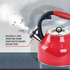 Emeril Lagasse 2.6 Quart/2.5 Liter Whistling Tea Kettle, Stainless Steel Tea Pot for Induction Stove Top, Fast to Boil Water for Home Kitchen Condo, with Ergonomic Cool Grip Handle, Red