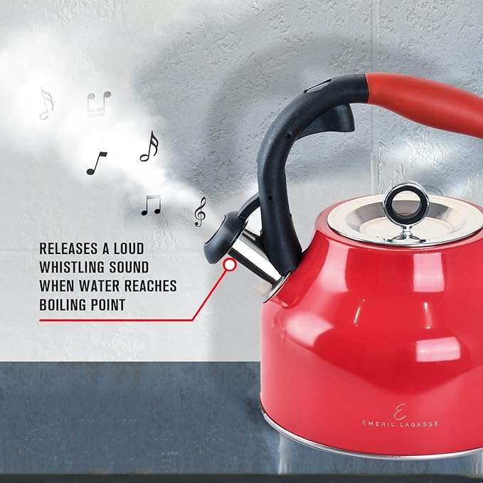 Emeril Lagasse 2.6 Quart/2.5 Liter Whistling Tea Kettle, Stainless Steel Tea Pot for Induction Stove Top, Fast to Boil Water for Home Kitchen Condo, with Ergonomic Cool Grip Handle, Red