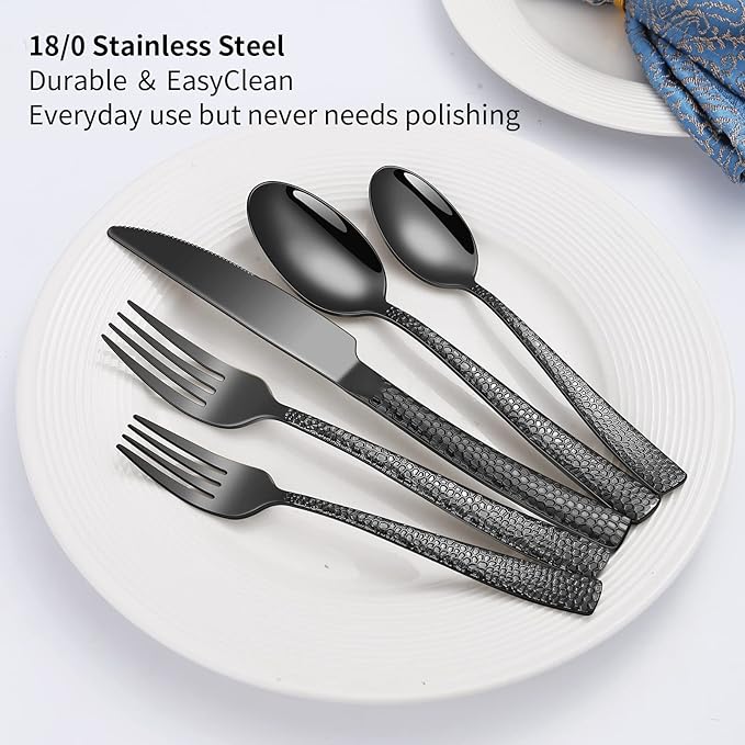 40-Piece Silverware Set, Black Hammered Stainless Steel Flatware Sets for 8, Food-Grade Tableware Set, Including Fork Knife Spoon Set, Durable Home Kitchen Cutlery Sets, Dishwasher Safe
