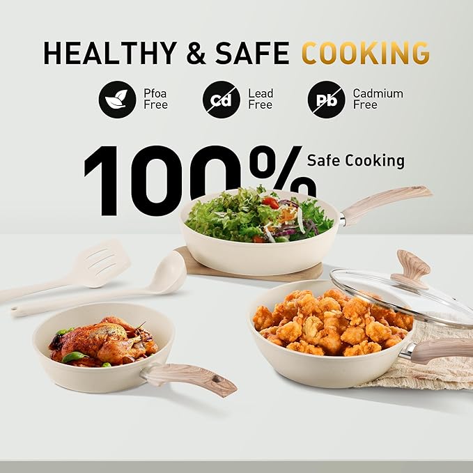 DisDelight Pots and Pans Set Non Stick, Nonstick Induction Granite Kitchen Cookware Sets, Induction Nonstick Granite Cooking Set, Induction Cookware Cooking Pan Set, Pan Sets for Cooking, Cream White