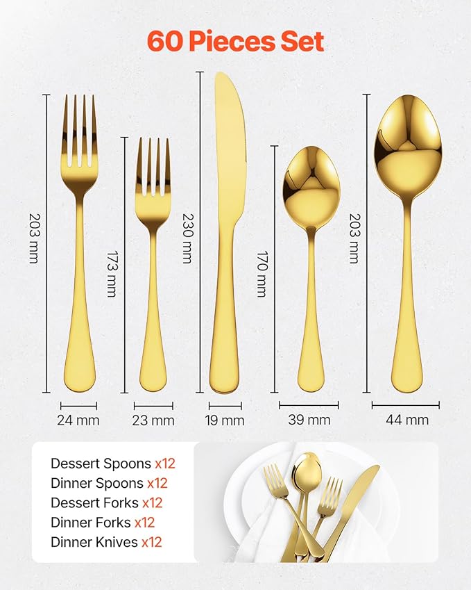 VEVOR 60-Piece Gold Silverware Set, Food-Grade Stainless Steel Flatware Utensils for 12, Mirror Finished Cutlery Set, Dishwasher Safe Eating Tableware for Kitchen Home, Include Knife Fork Spoon