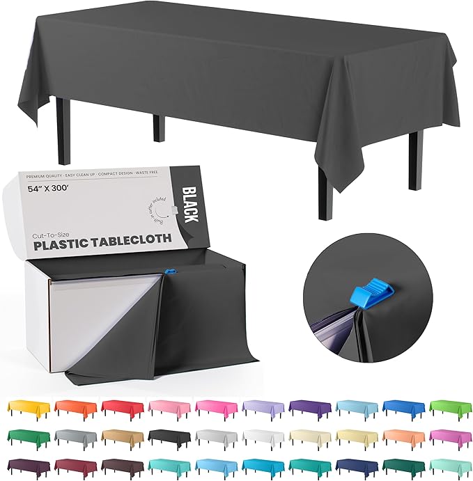 Exquisite Party Solids 54 Inch X 300 Feet Black Plastic Table Cover Roll in A Cut - to - Size Box with Convenient Slide Cutter. Cuts Up to 36 Rectangle 8 Feet Plastic Disposable Tablecloths