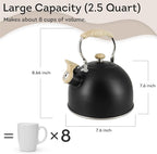 Lily's Home Whistling Tea Kettle, Teapot for Stovetop, Pleasant Whistle Sound, Heat Resistant Plastic Handle – Faux Wood Finish, Non Toxic Stove Kettle for Boiling Water - 2.5 Quarts (Black)