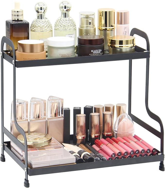 2-Tier Metal Organizer Shelf for Bathroom & Kitchen - Heavy Duty Countertop Storage, Under Sink Cosmetic & Spice Organizer with Non-Slip Base, Easy Assembly