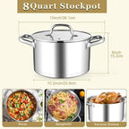 Leonyo Stainless Steel Stock Pot, 8 Quart Stock Pot with Visible Lid, Heavy Duty 3-Ply Induction Cooking Pot for Pasta, Soup, Spaghetti, 18/10 Stainless Steel StockPot for Canning, Boiling, Simmering