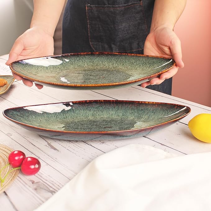 Serving Platter Olives Plate Large Serving Tray, Set of 4, for Entertaining, Porcelain Trays and Platters Sushi Salad Plates Serving Dinnerware Appetizer Serving Tray, Black reaction Glaze