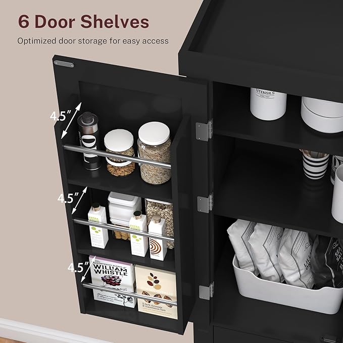 72” Kitchen Pantry Cabinet, with 6 Hanging Shelves & 1 Large Drawer, Adjustable Shelf, for Dinging Room, Living Room, Black