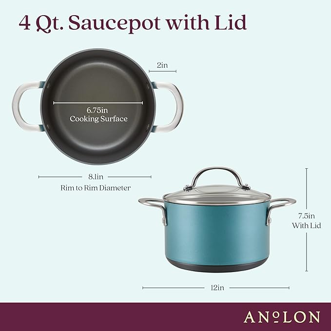 Anolon Achieve Hard Anodized Nonstick Saucepot with Lid, 4 Quart, Teal