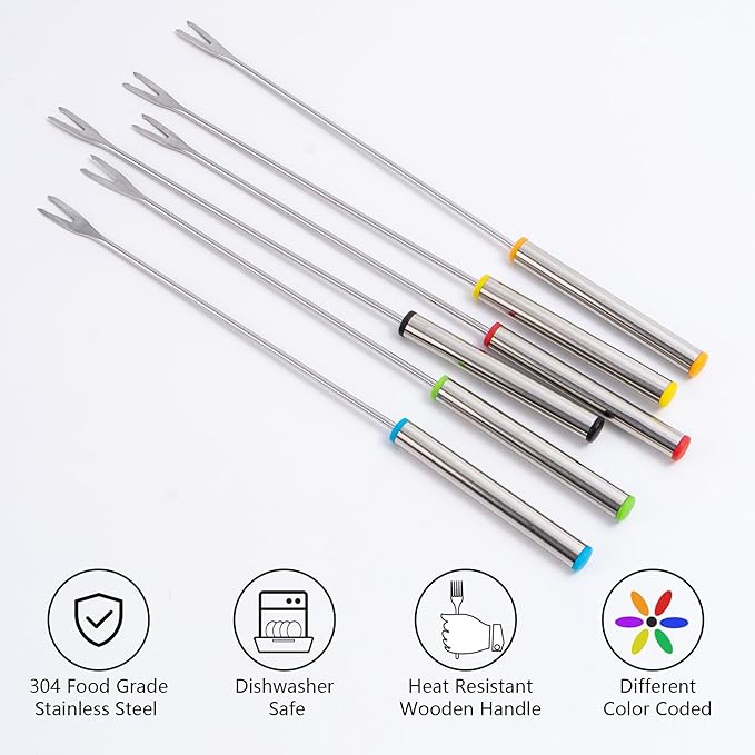 12PCS 9.5 Inch Color-Coded Stainless Steel Fondue Forks, Cheese Fondue Fork Stainless Steel Fruit Fondue Cheese with Heat-blocking Handle for Chocolate Fountain Cheese