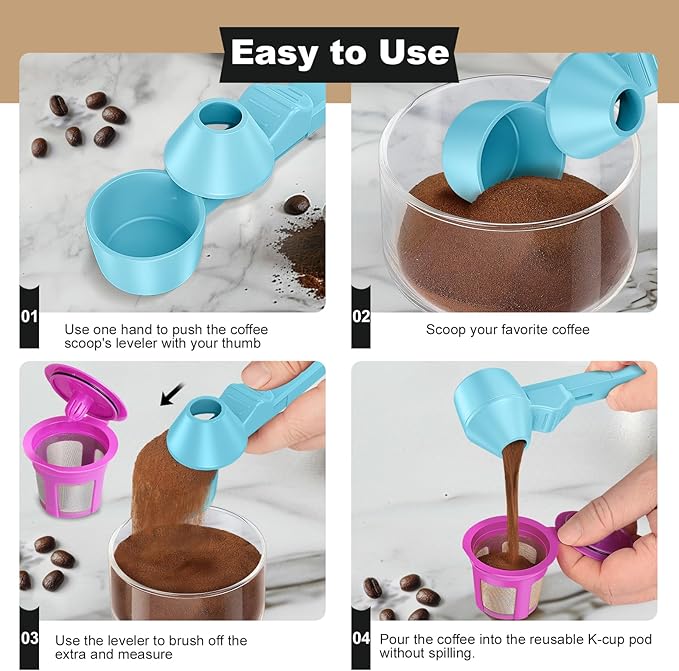 Coffee Scoop & Funnel for Reusable K Cup Refillable Coffee Pods, Coffee Measuring Spoon 2 Tablespoon Capacity, Scoop with Funnel for Ground Coffee, Protein Powder, Tea (Blue, 2 Pack)