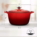 Signature Enameled Cast Iron Dutch Oven, Non-Stick Serving Pot with Tight Fitting Lid for Perfect Roasting, Baking, Sauteing, and Bread Making | 2Q (1.9L) - Red