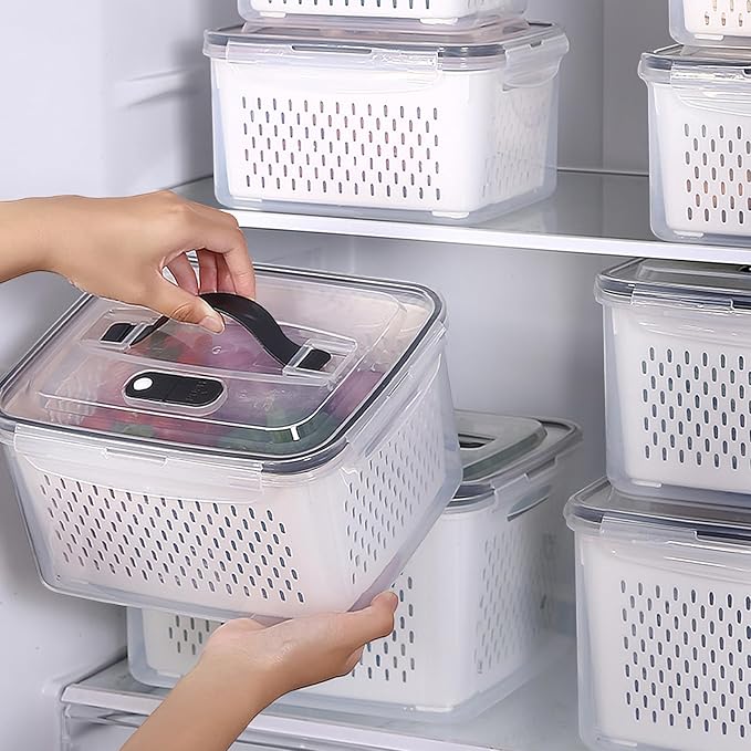 5 Pack Large Fruit Storage Containers for Fridge with vent holes and handle，Airtight Food Storage Containers Keep Fruits, Vegetables, Berry, Meat Fresh longer,BPA-free Fridge Storage Container