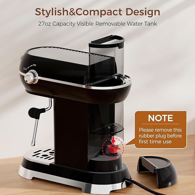 Espresso Machine with Milk Frother, 20 Bar Espresso Maker for Latte and Cappuccino, Expressions Coffee Machine with Removable Water Tank (Black)