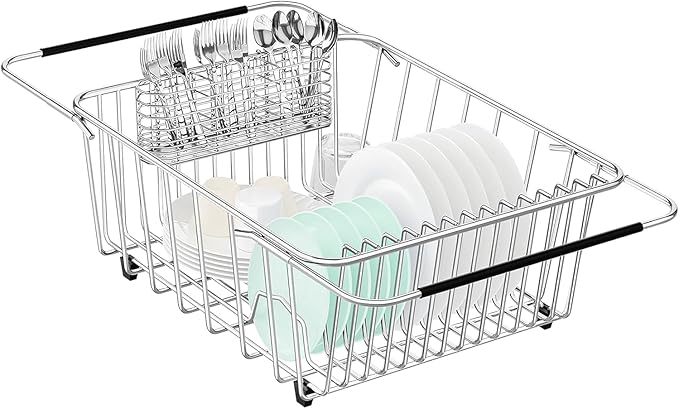 Large Dish Drainer Rack in Sink Adjustable, Expandable 304 Stainless Steel Metal Dish Drying Rack Organizer with Stainless Steel Utensil Holder Over Inside Sink Counter, Rustproof