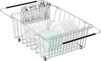 Large Dish Drainer Rack in Sink Adjustable, Expandable 304 Stainless Steel Metal Dish Drying Rack Organizer with Stainless Steel Utensil Holder Over Inside Sink Counter, Rustproof