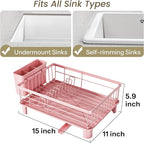 Dish Drying Rack - Small Dish Rack for Kitchen Counter, Stainless Steel Dish Drainer with Utensil Holder and Drainboard (Pink)