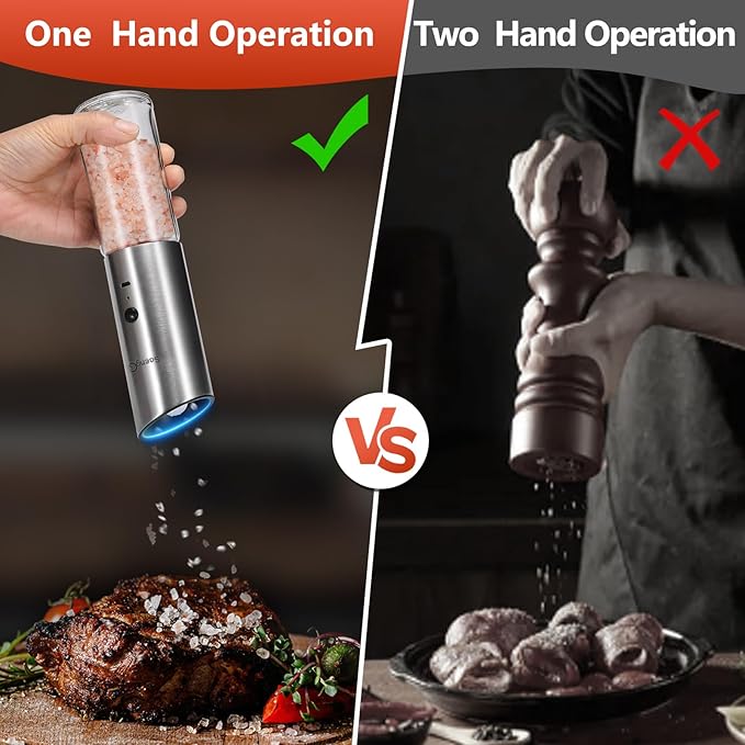 Gravity Electric Salt and Pepper Grinder Set of 2,USB Rechargeable Kitchen Electric Pepper Mill with Adjustable Grinder and LED Light,Tall Glass Salt and Pepper Grinders Refillable