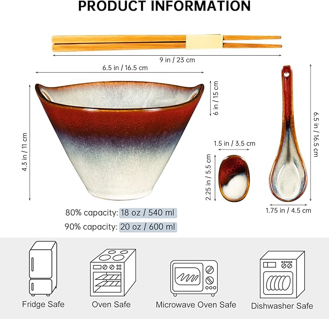 HENXFEN LEAD Japanese Ramen Bowls Set of 2 - Deep Ceramic Soup Bowls with Spoons, Chopsticks and Holder, 20 Oz Serving Dishes for Pho, Udon Noodle, Cereal - Reactive Red
