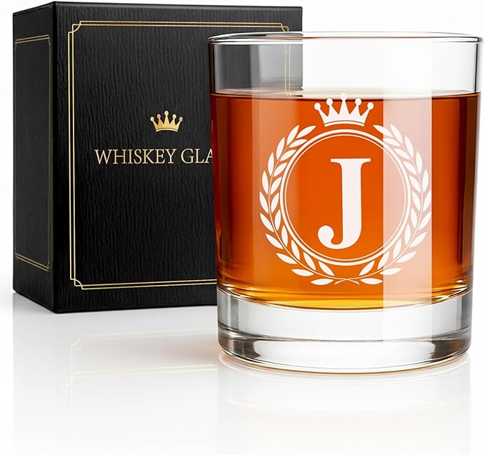 Whiskey Glasses - Rocks Old Fashioned Glass Gifts for Men, Monogrammed A-Z 10oz Personalized Whisky Glasses, Christmas Birthday Gifts for Men Him Dad Father Husband Brother Son (J)