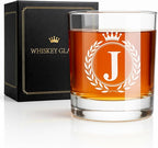 Whiskey Glasses - Rocks Old Fashioned Glass Gifts for Men, Monogrammed A-Z 10oz Personalized Whisky Glasses, Christmas Birthday Gifts for Men Him Dad Father Husband Brother Son (J)