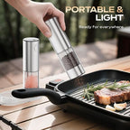 Electric Salt and Pepper Grinder Set, Rechargeable Automatic Salt Pepper Shakers Mills, Adjustable Coarseness Easy Filling with Base, for Kitchen Outdoors Gift- 2 Packs, Silver Stainless Steel