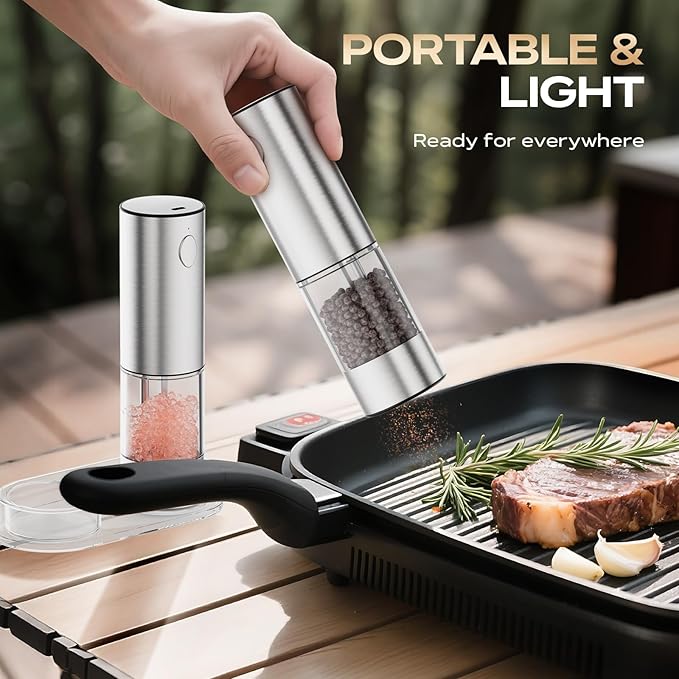Electric Salt and Pepper Grinder Set, Rechargeable Automatic Salt Pepper Shakers Mills, Adjustable Coarseness Easy Filling with Base, for Kitchen Outdoors Gift- 2 Packs, Silver Stainless Steel