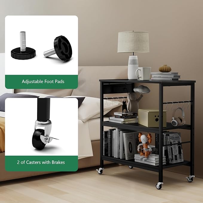 ETELI Bakers Rack with Power Outlet Black Coffee Station Cart Table on Wheels Microwave Stand Table with Storage Shelf for Kitchen Living Room Bedroom