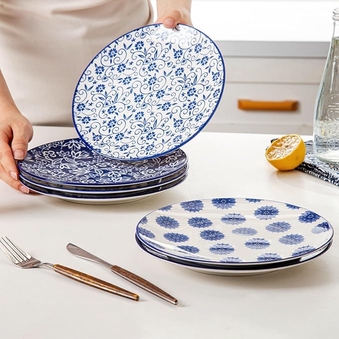 Ceramic Salad Plates Set - 8.5 Inch Small Round Dessert Dishes for Kitchen Dinner Pasta Appetizer Sandwich - Scratch Resistant Porcelain Microwave Oven Dishwasher Safe - Set of 6 - Vintage Blue