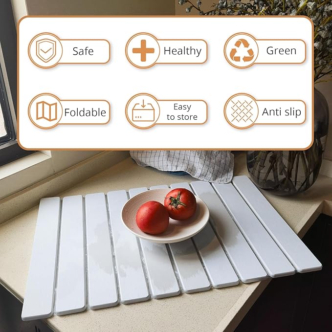 Large Stone Dish Drying Mat for Kitchen Counter, 24"×16" Quick Dry Collapsible Diatomaceous Earth Mat – Super Absorbent Foldable Drying Pad for Dishes (White, 23.2" x 15.4")