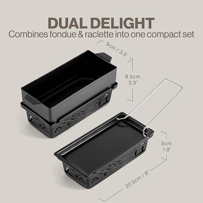 Swissmar Tandem Candle Fondue & Raclette Set - Portable 2-in-1 Tabletop Fondue Pot with Raclette Dish, Forks, Spatula & Tealight Candles