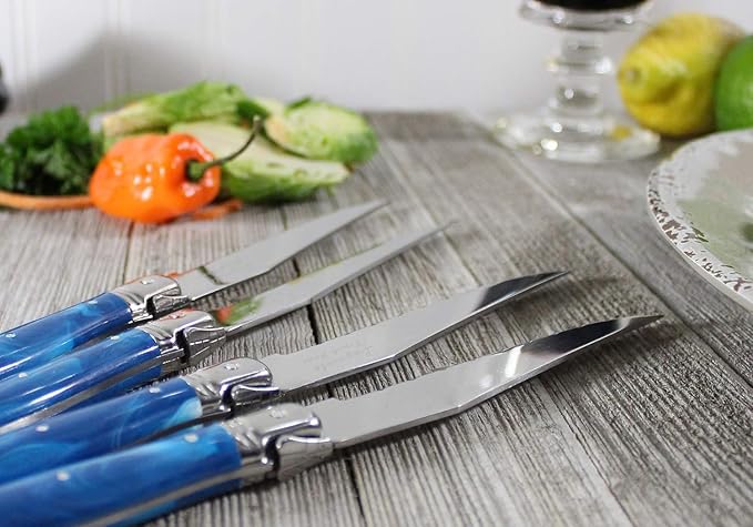 French Home Laguiole 4-Piece Steak Knife Set – Sophisticated Stainless Steel Dinner Knives with Blue Marble Handles & Iconic Bee Emblem – Serrated Knives for Smooth Cutting (9.25")